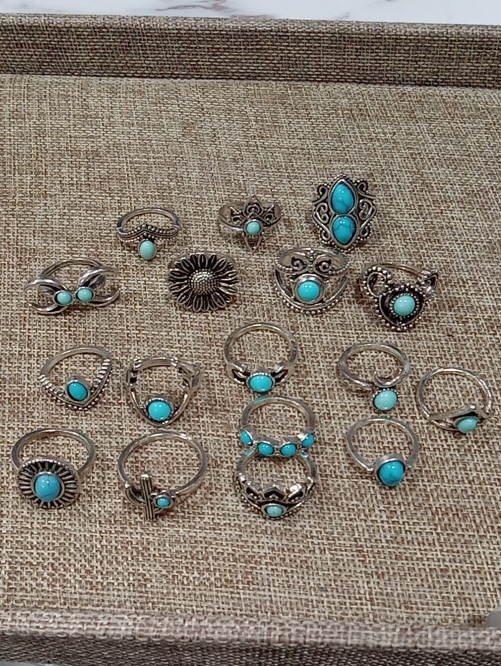 17 Boho Style Silver Tone Rings With Turquoise Colored Stones- Women Jewelry
